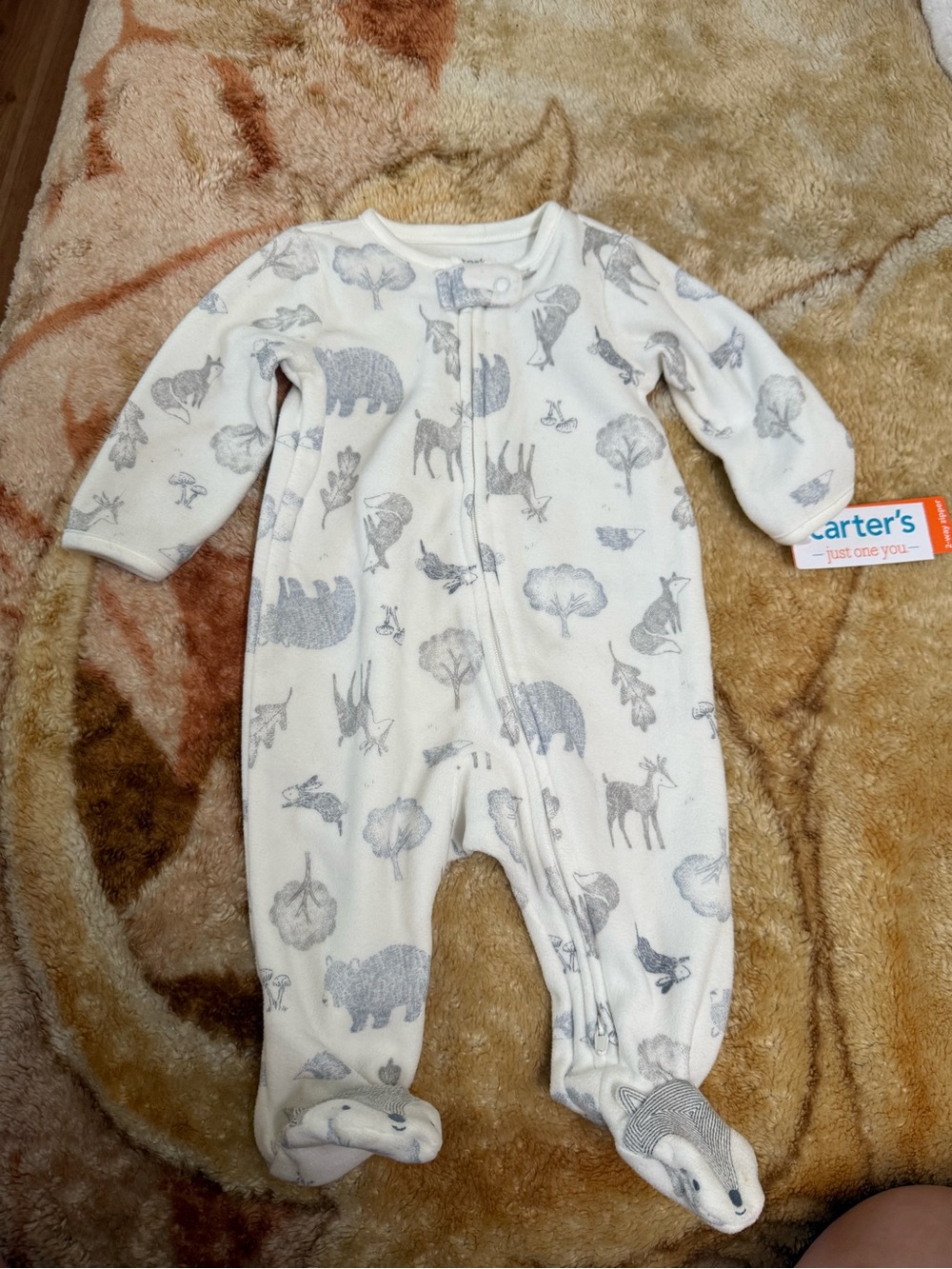 Carter's White One-Piece Fleece Footed Pajamas with Gray Animal Print